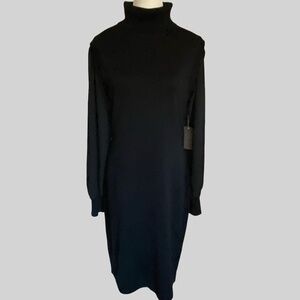 Vince Camuto Black Sheer Sleeve Stretch Turtleneck Knit Holiday Dress- Sz-L